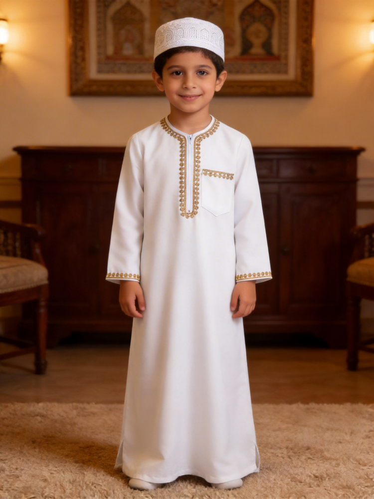 Ethnic Gown - Boys Arabic Thobe White Gold Embroidered