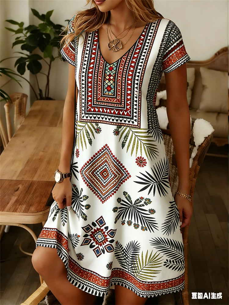 Ethnic Fashion Dress - Ethnic Style Women Dress Summer V-Neck